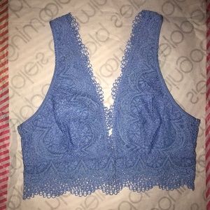 Victoria’s Secret V Neck Long Line Plunge Crochet Lace Bralette Blue Medium